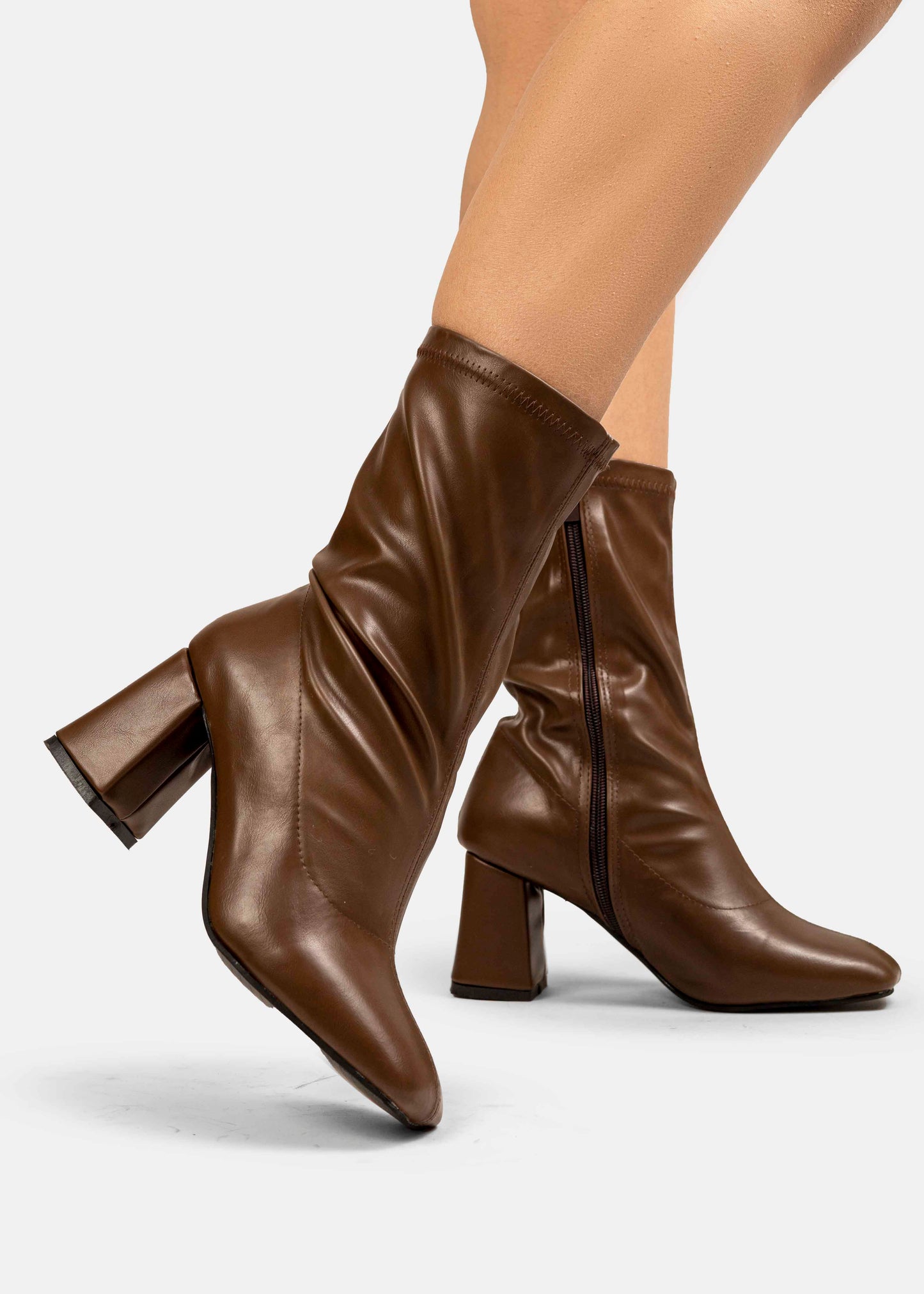 Stretch Leather Mid-Heel Ankle Boots-612