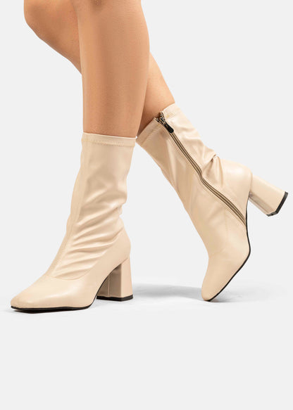 Stretch Leather Mid-Heel Ankle Boots-612