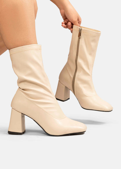 Stretch Leather Mid-Heel Ankle Boots-612