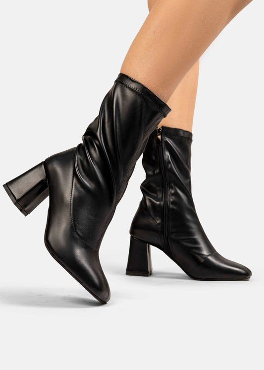 Stretch Leather Mid-Heel Ankle Boots-612