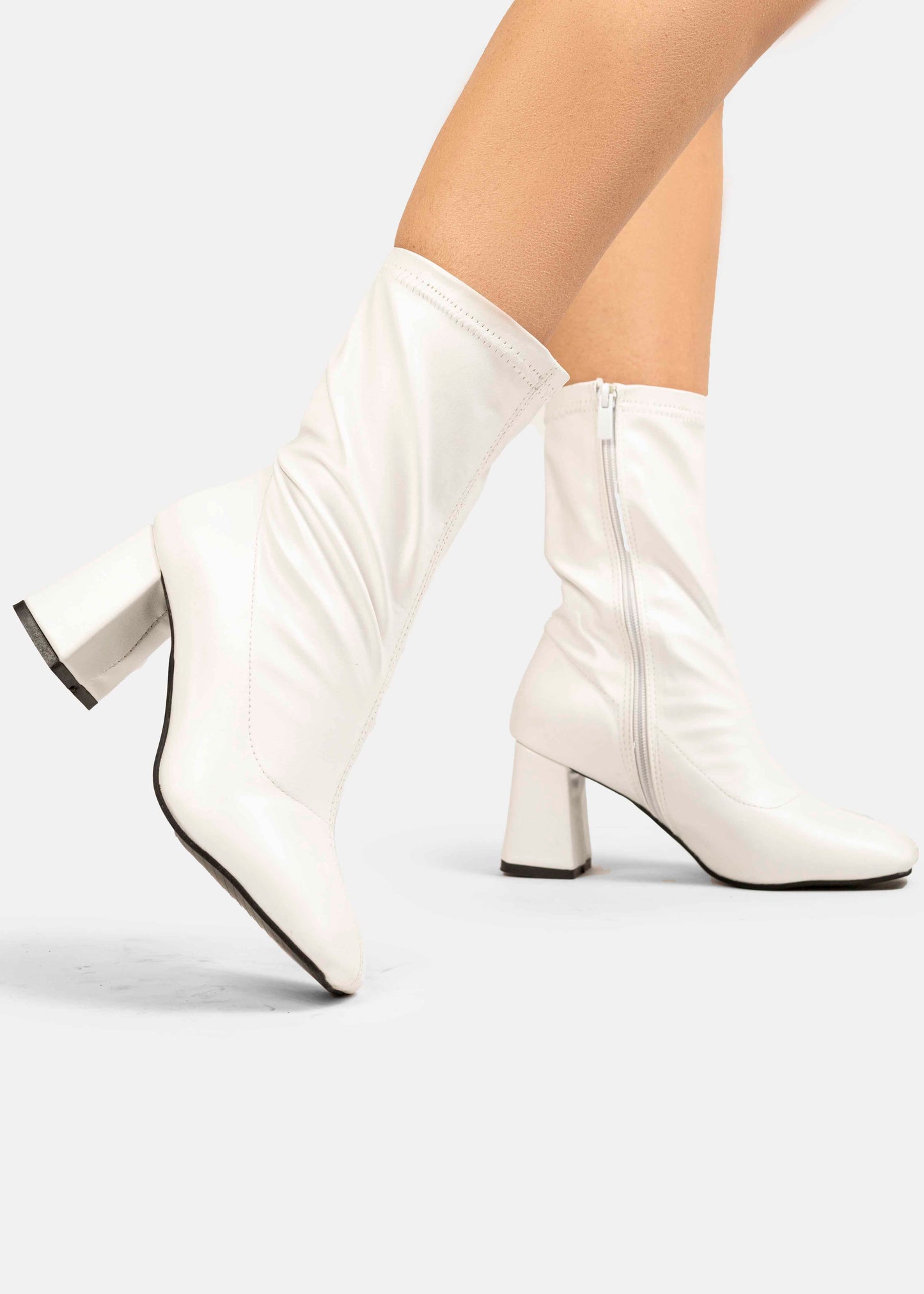 Stretch Leather Mid-Heel Ankle Boots-612