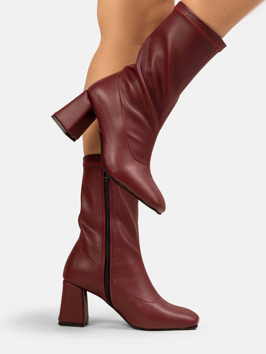 Stretch Leather Mid-Heel Ankle Boots-612