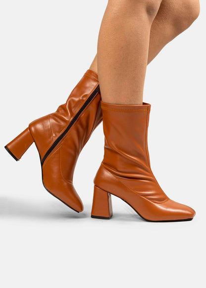 Stretch Leather Mid-Heel Ankle Boots-612
