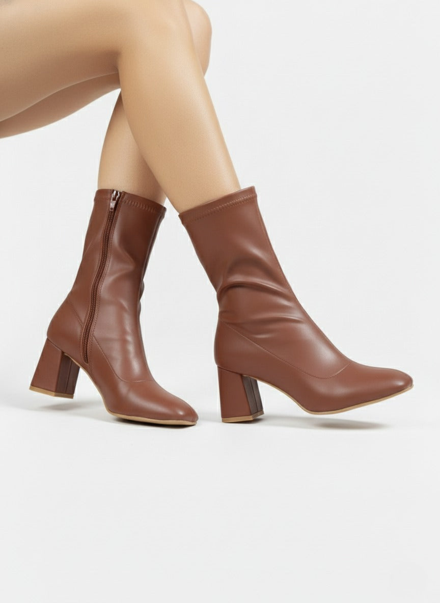 Stretch Leather Mid-Heel Ankle Boots-612