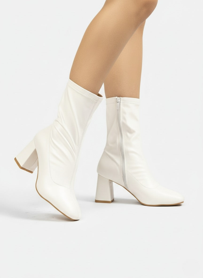 Stretch Leather Mid-Heel Ankle Boots-612
