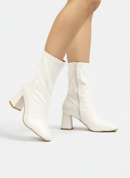 Stretch Leather Mid-Heel Ankle Boots-612