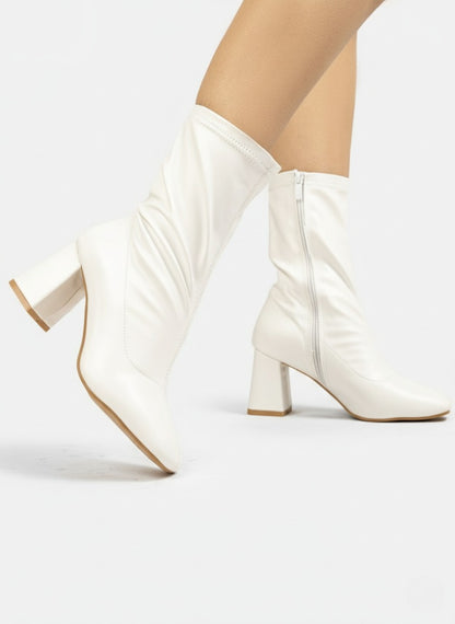 Stretch Leather Mid-Heel Ankle Boots-612
