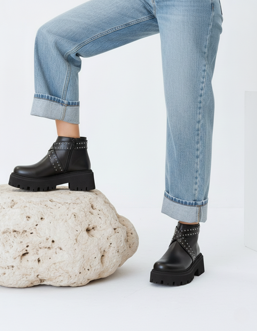 Studded Leather Platform Boots-006