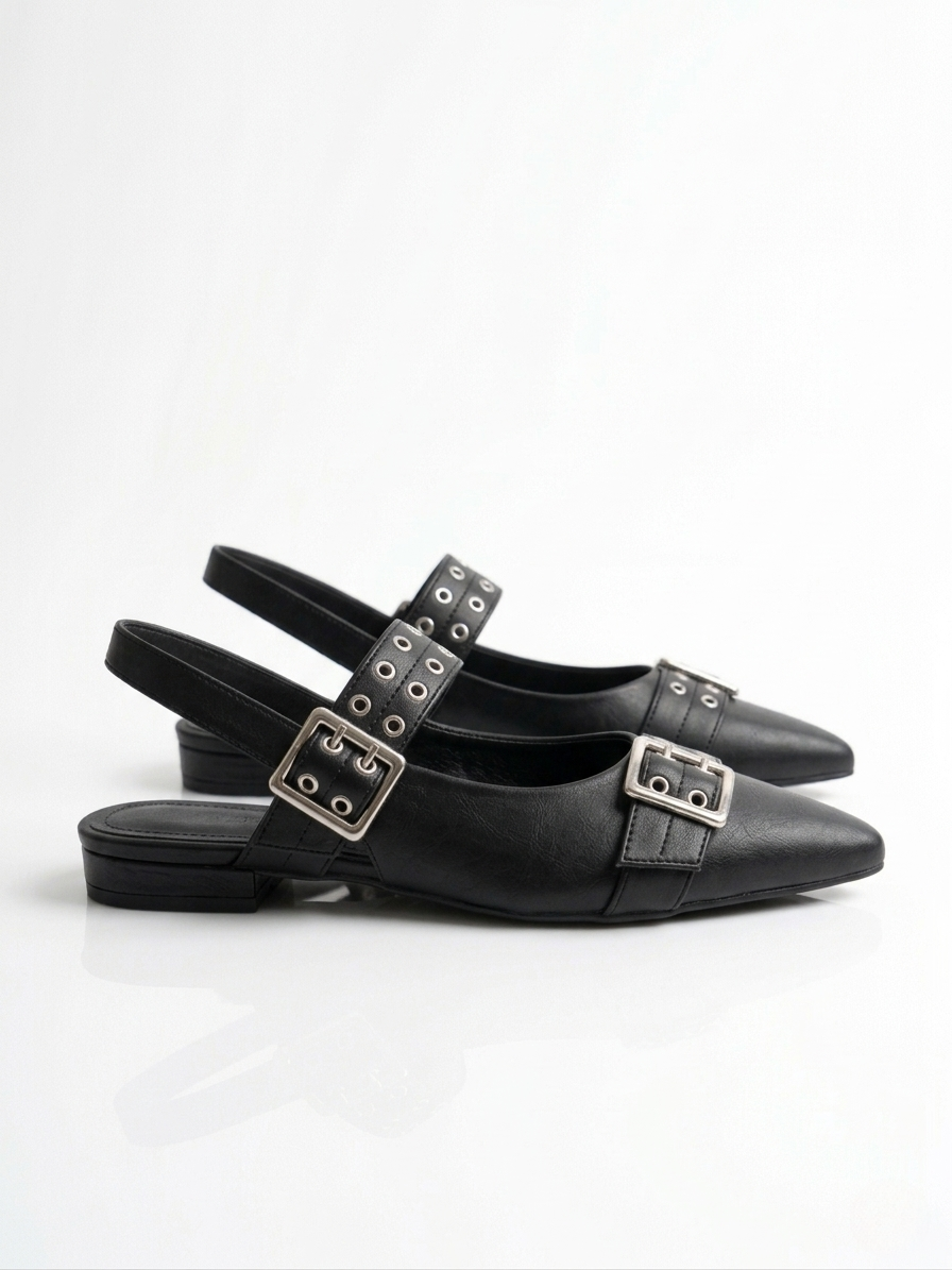 Black Double Buckle Flat Sandal-007