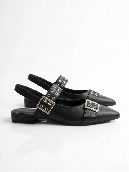 Black Double Buckle Flat Sandal-007