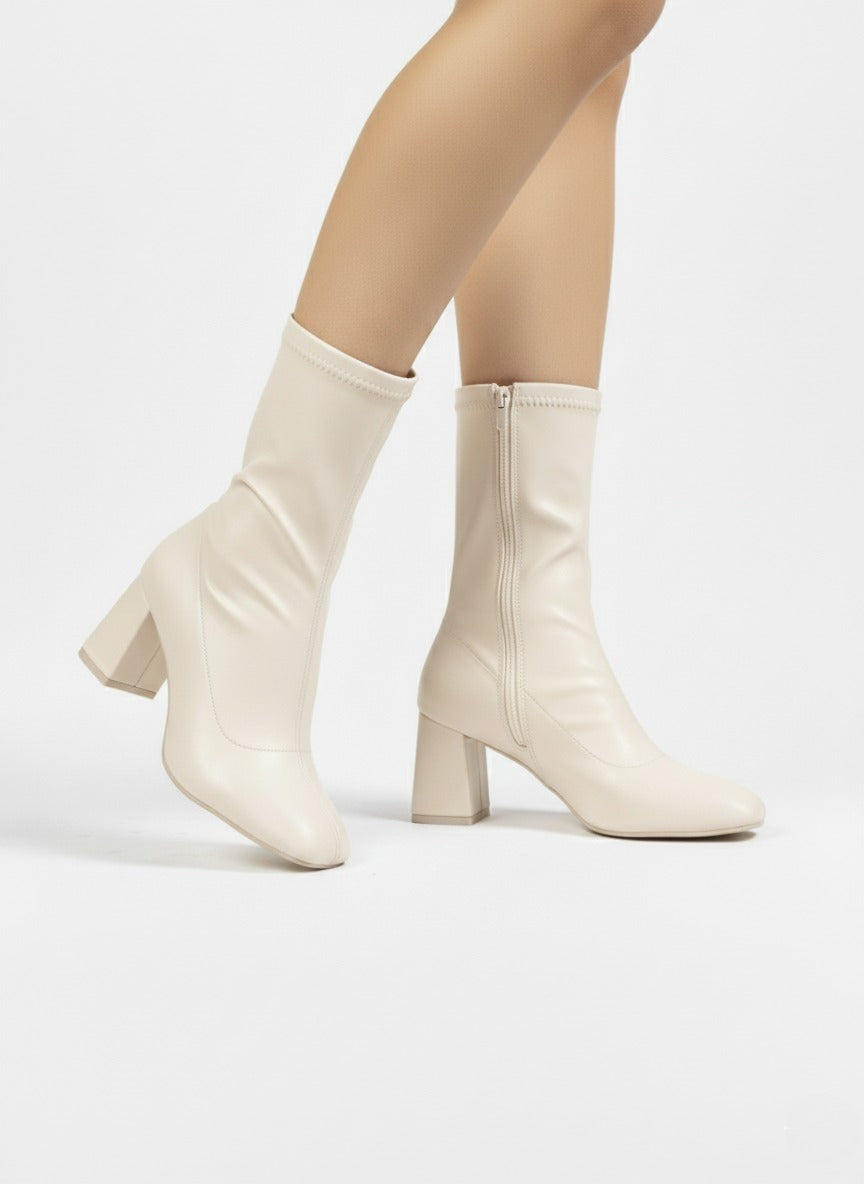 Stretch Leather Mid-Heel Ankle Boots-612