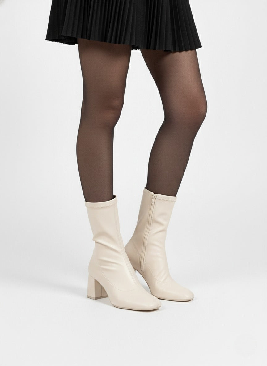 Stretch Leather Mid-Heel Ankle Boots-612