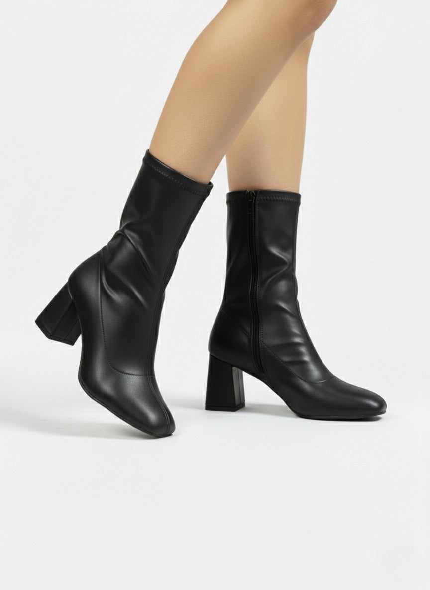 Stretch Leather Mid-Heel Ankle Boots-612