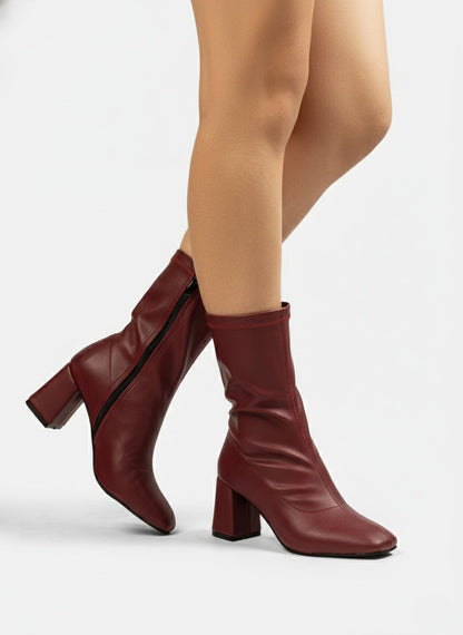 Stretch Leather Mid-Heel Ankle Boots-612