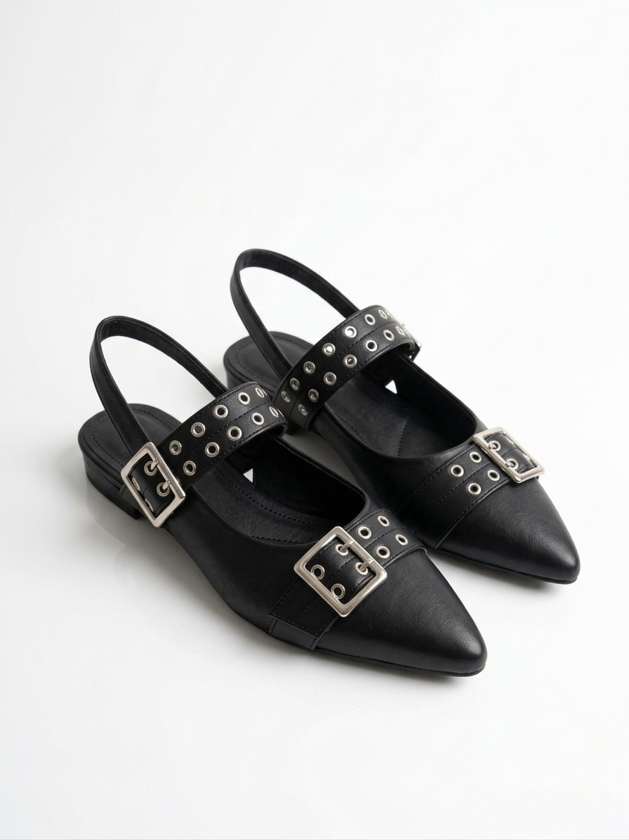 Black Double Buckle Flat Sandal-007