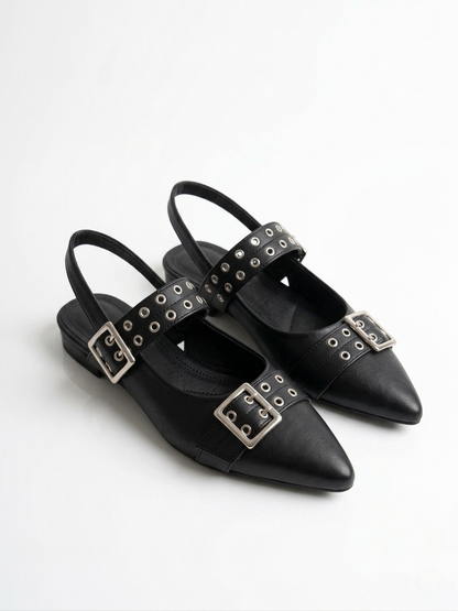 Black Double Buckle Flat Sandal-007