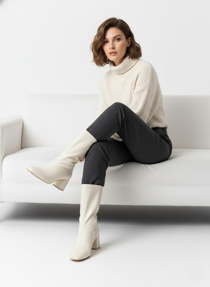 Stretch Leather Mid-Heel Ankle Boots-612