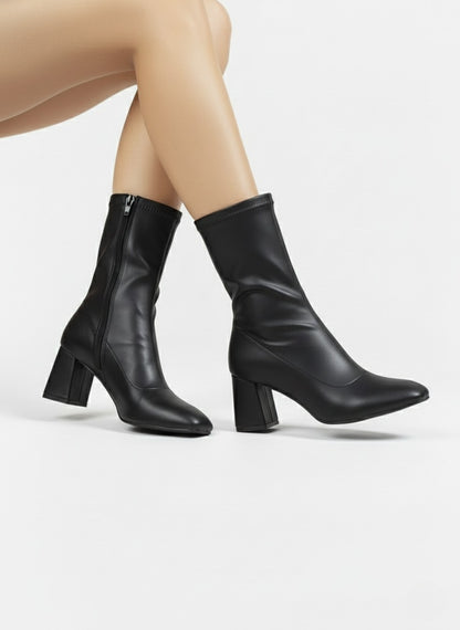 Stretch Leather Mid-Heel Ankle Boots-612