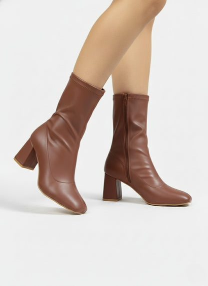 Stretch Leather Mid-Heel Ankle Boots-612
